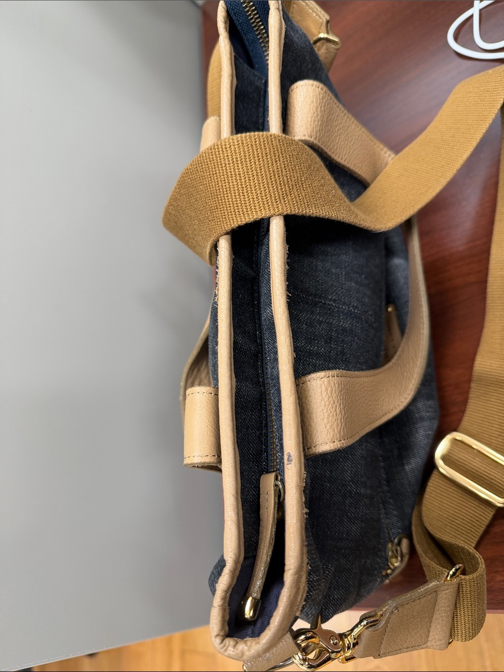 Burberry Denim Tote with Tan Leather Trim, Crossbody Strap and Gold Hardware - Picture 3 of 8